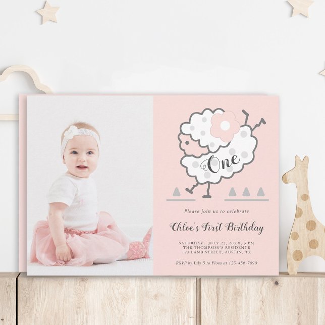 Pink Simple Cute Jumping Lamb 1st Birthday Photo Invitation (Creator Uploaded)