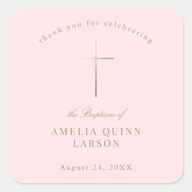 Pink Simple Elegant Gold Cross Baptism Christening Square Sticker (Front)