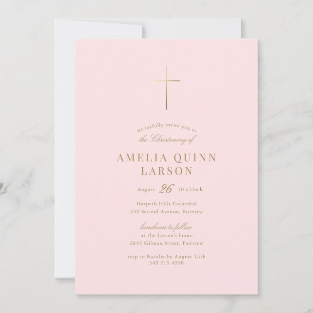 Pink Simple Elegant Gold Cross Christening Invitation (Front)