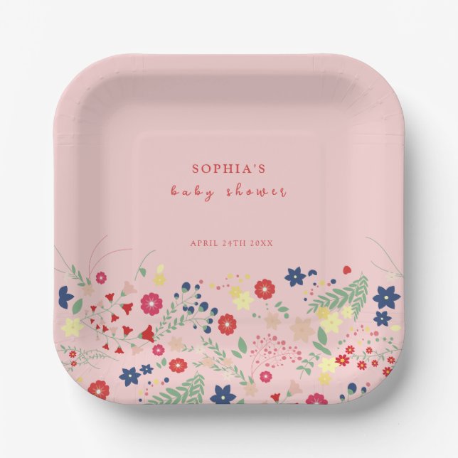 Pink Simple Elegant Wildflower Baby Shower  Paper Plate (Front)