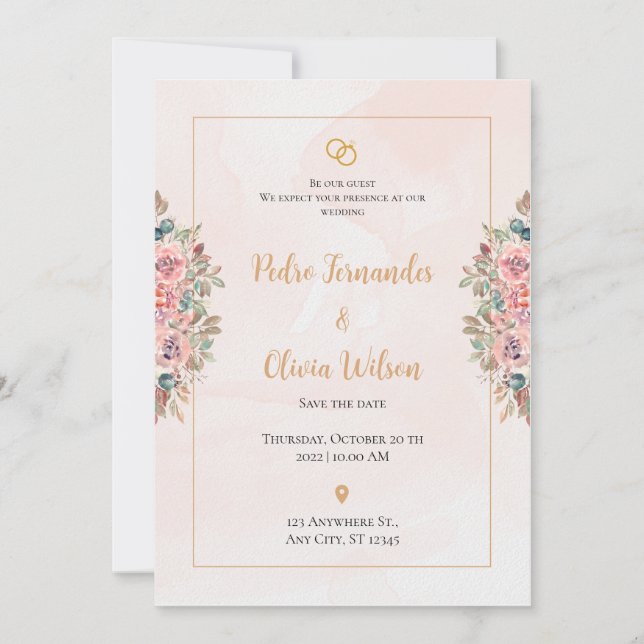 Pink simple flowers wedding invitation (Front)