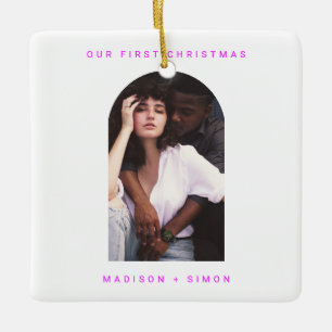 Pink Simple Merry and Married Photo Ceramic Ornament