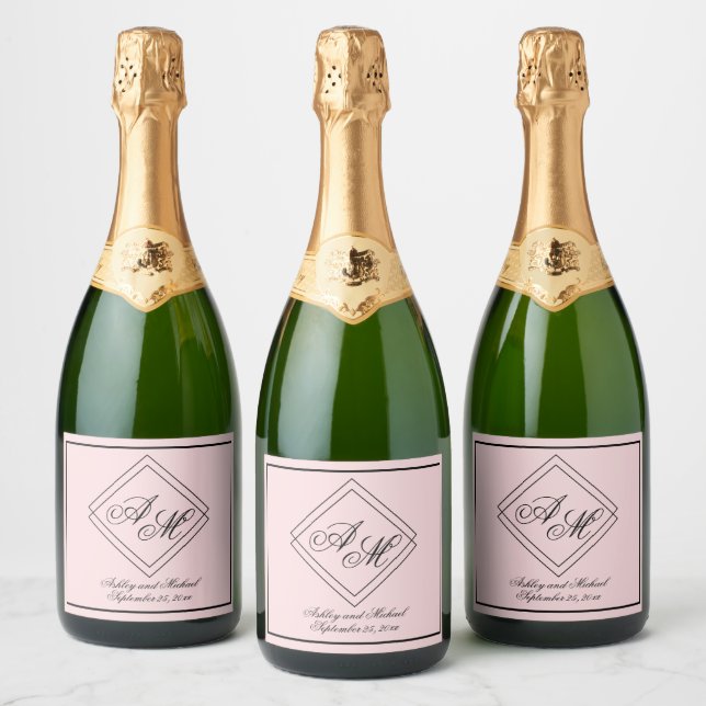 Pink Simple Modern Geometric Monogram Wedding Sparkling Wine Label (Bottles)