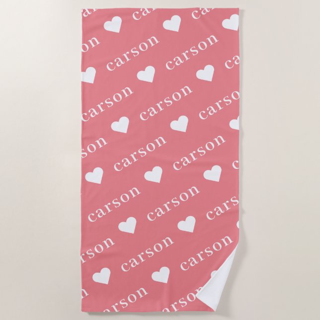 Pink Simple Personalized Repeating Name Beach Towel (Front)