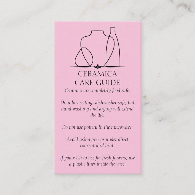 Pink Simple Pottery Vase Ceramic Care Instructions Business Card (Front)