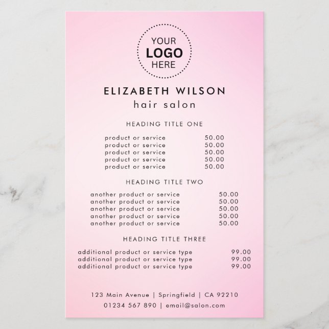 Pink Simple Salon Service Menu Flyer (Front)