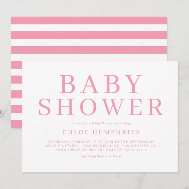 Pink Simple Typography Stripes Girl Baby Shower Invitation (Front/Back)