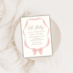 Pink Simple Vintage Bow Frame Girl Baby Shower Invitation