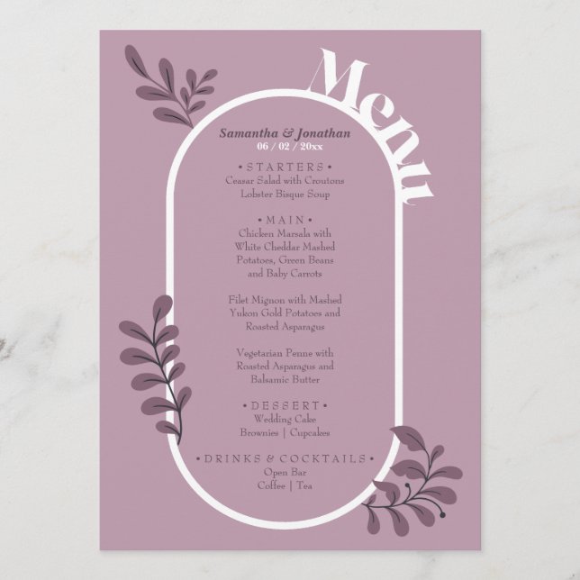 Pink Simple Wedding Menu Card (Front)