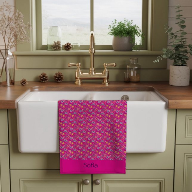 Pink simple wildflower pattern name kitchen towel (Creator Uploaded)