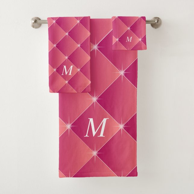 Pink Simulated Diamonds & Tufts Monogram Bath Towel Set (Insitu)