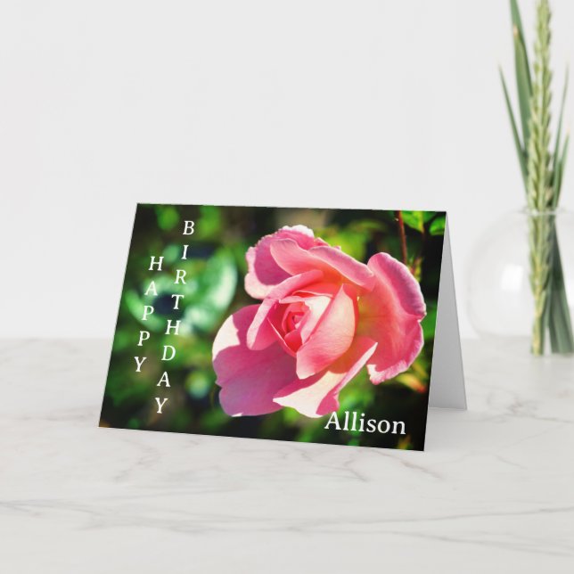 Pink Single Rose Personalized Birthday Card (Front)