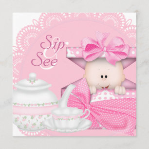 Pink Sip and See Baby Girl Shower Invitation