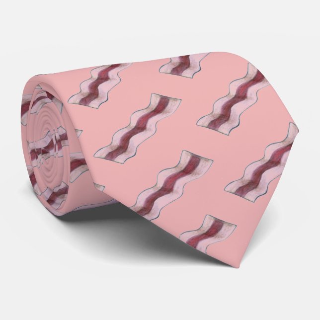 Pink Sizzling Bacon Strips Breakfast Food Tie (Rolled)