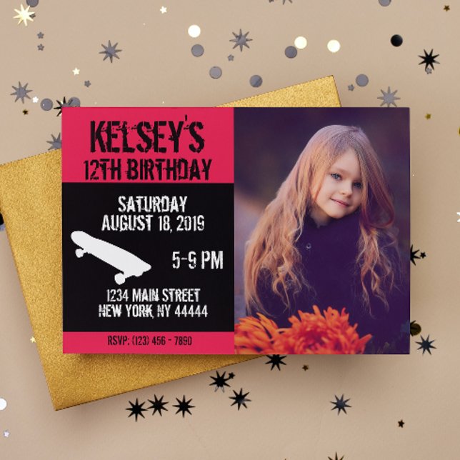 Pink Skateboard Birthday, Skate board, Girl Invitation (Creator Uploaded)