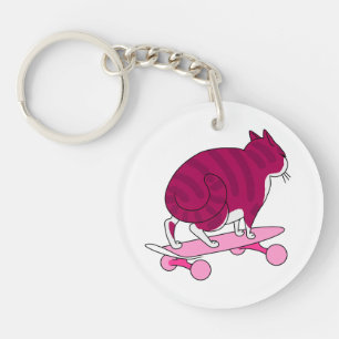 Pink Skateboarding Cat Funny and Bye Text Keychain