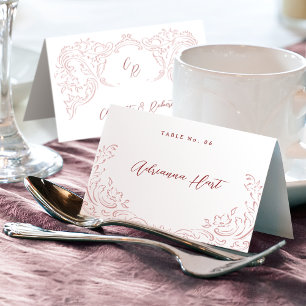 Pink Sketched Vintage Flourish Foldable Place Card