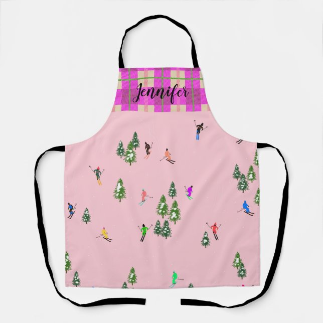 Pink Skiers Ski Christmas Skiing Holiday Name Apron (Front)