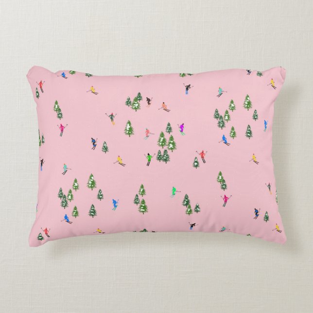 Pink Skiers Ski Opening Christmas Skiing Holiday   Accent Pillow (Front)