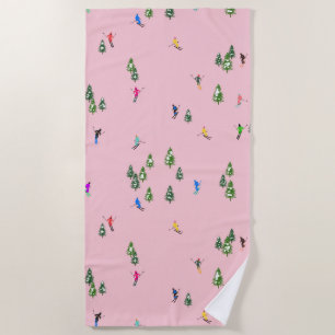 Pink Skiers Ski Opening Christmas Skiing Holiday   Beach Towel