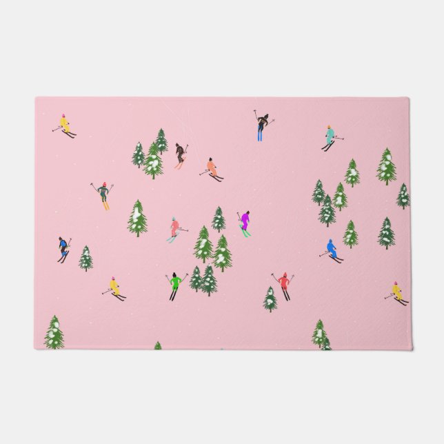 Pink Skiers Ski Opening Christmas Skiing Holiday   Doormat (Front)