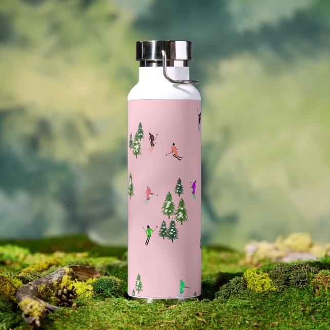 Pink Skiers Ski Skiing  Water Bottle (Outdoor)