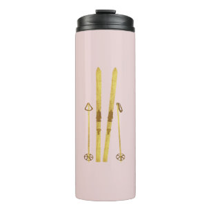 Pink Skis And Poles   Vintage Ski Illustration Thermal Tumbler