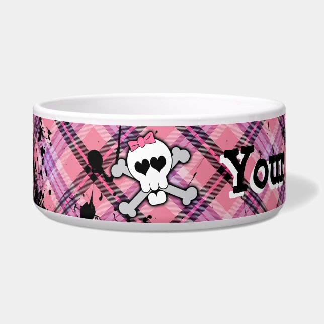 Pink Skull and Crossbones Custom Girl Big Dog Bowl (Left)