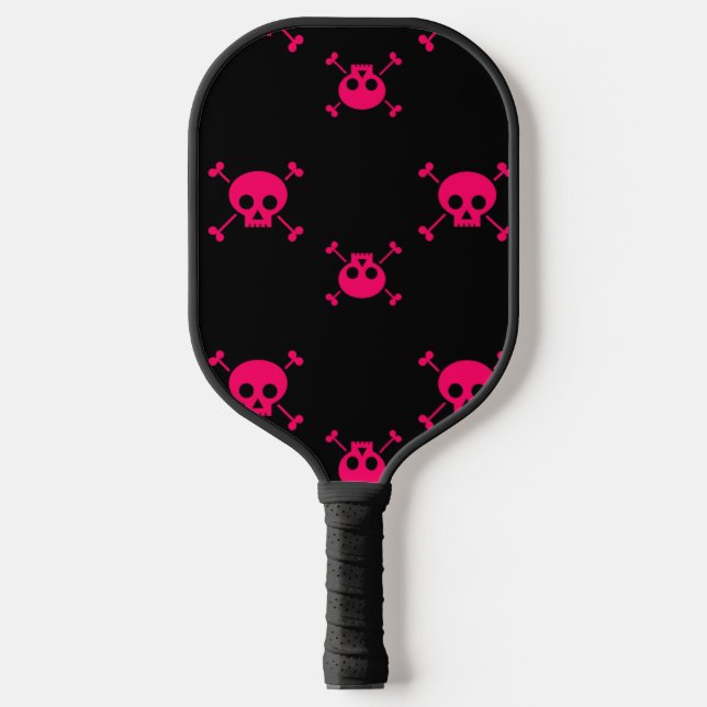 Pink skull and crossbones on black pickleball paddle (Front)