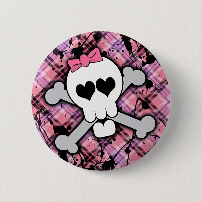 Pink Skull and Crossbones with Hearts and Bow 2 Inch Round Button (Front)