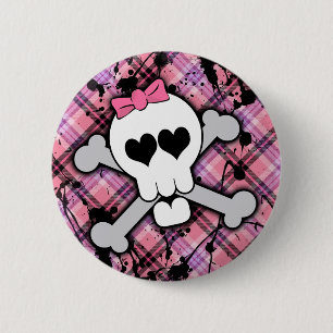 Pink Skull and Crossbones with Hearts and Bow 2 Inch Round Button