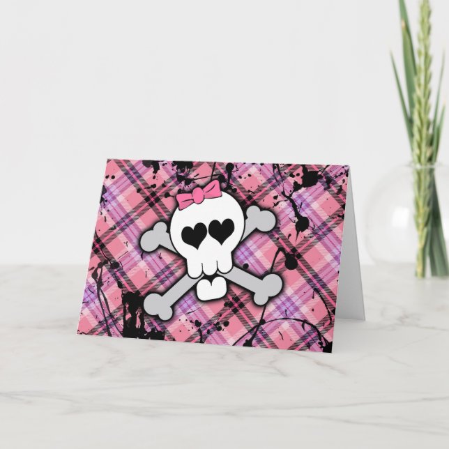 Pink Skull and Crossbones with Hearts and Bow Card (Front)