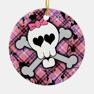 Pink Skull and Crossbones with Hearts and Bow Ceramic Ornament