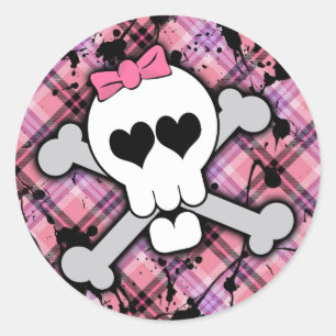 Pink Skull and Crossbones with Hearts and Bow Classic Round Sticker
