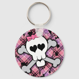 Pink Skull and Crossbones with Hearts and Bow Keychain