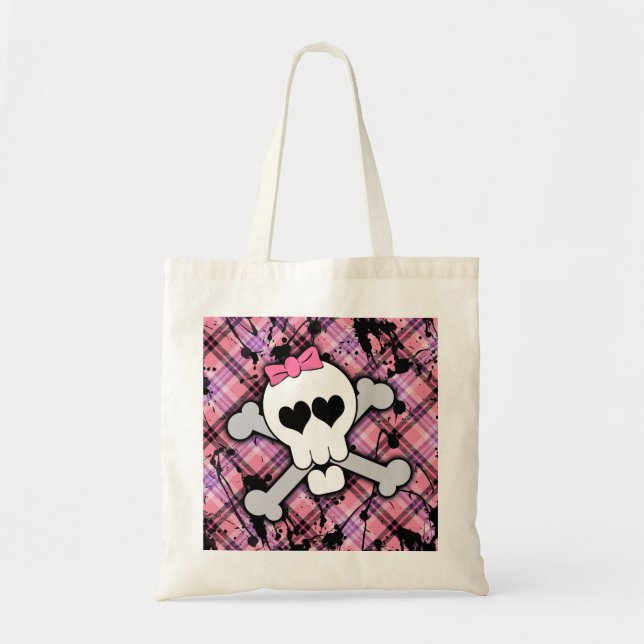Pink Skull and Crossbones with Hearts and Bow Tote Bag (Front)