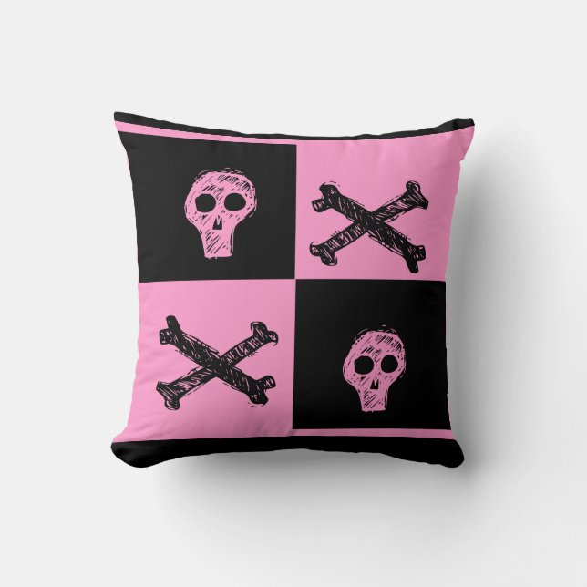 pink skull black and pink chequered board  pattern throw pillow (Front)
