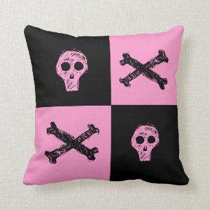 pink skull black and pink chequered board  pattern throw pillow