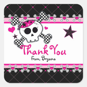 Pink Skull, Heart & Crossbones Party Favour Square Sticker