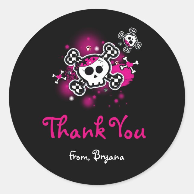 Pink Skull, Heart & Crossbones Party Favour Sticke Classic Round Sticker (Front)