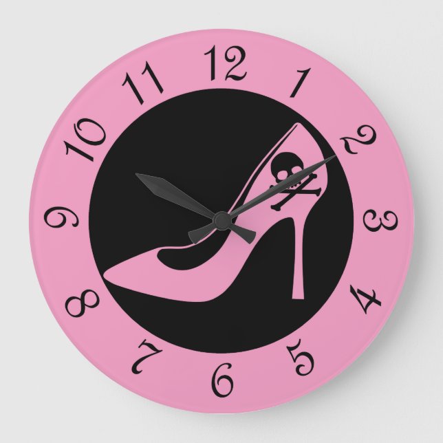 Pink Skull High Heel SHoe Large Clock (Front)