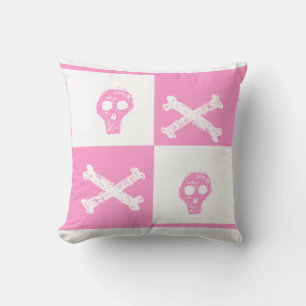 pink skull pink and white chequered board pattern throw pillow