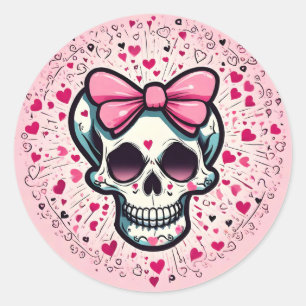 pink skull with bow classic round sticker
