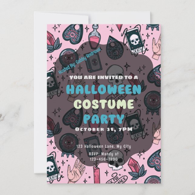 Pink Skulls Tarot Candles Crystals Halloween Invitation (Front)
