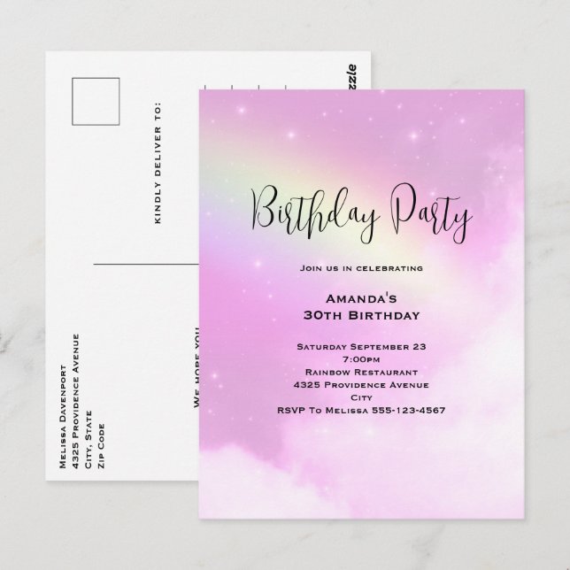 Pink Sky with Lemon Yellow Rainbow Birthday Invite Postcard (Front/Back)