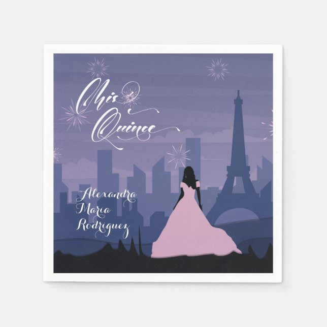 Pink & Slate Blue Paris Fireworks Quinceañera Napkin (Front)