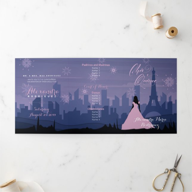 Pink & Slate Blue Paris Fireworks Quinceañera Tri-Fold Invitation (Outside)