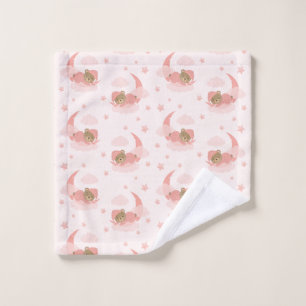 Pink Sleeping Baby Bear On Moon Clouds & Stars Wash Cloth