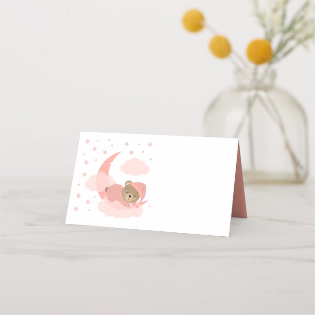 Pink Sleeping Bear On Cloud Over The Moon Place Card (Front)