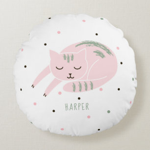 Pink Sleeping Cat Personalized Round Pillow